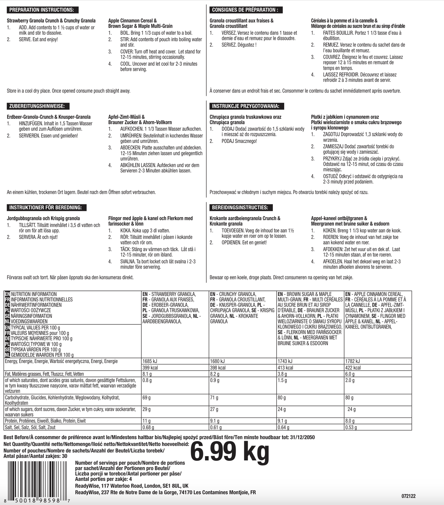 120 porzioni di colazione, pasti vegetariani liofilizzati, fino a 25 anni