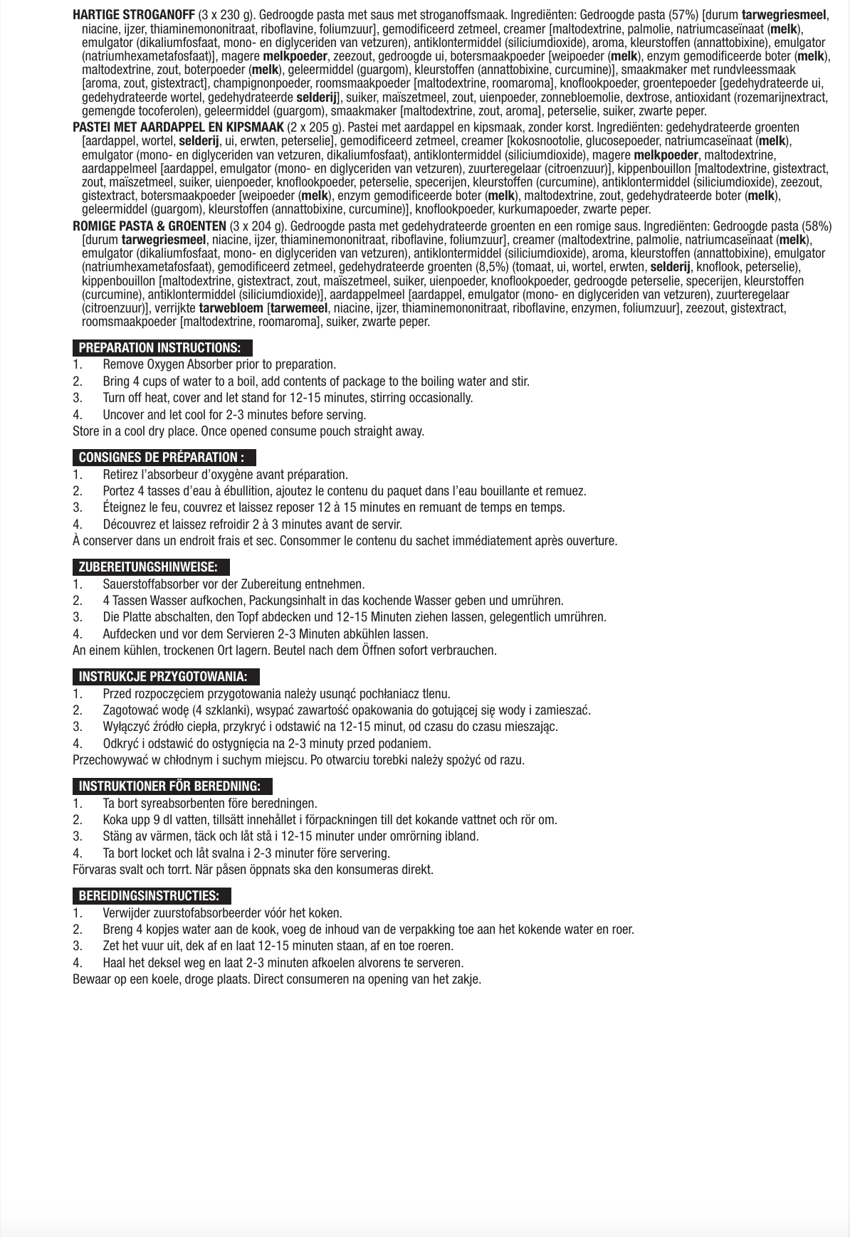 120 porzioni di antipasti, pasti vegetariani liofilizzati, fino a 25 anni