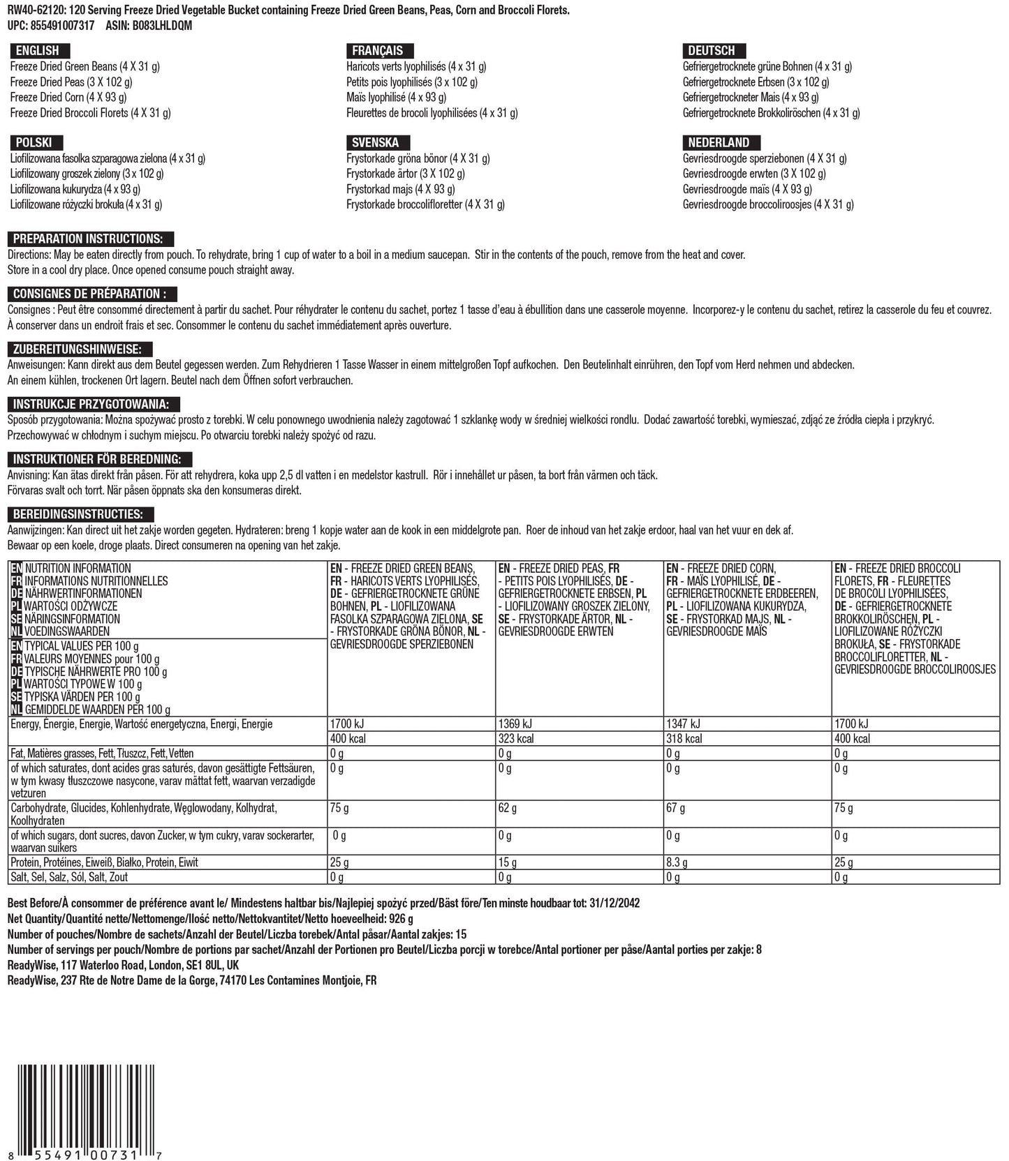 Secchio da 120 porzioni di verdure liofilizzate, fino a 25 anni
