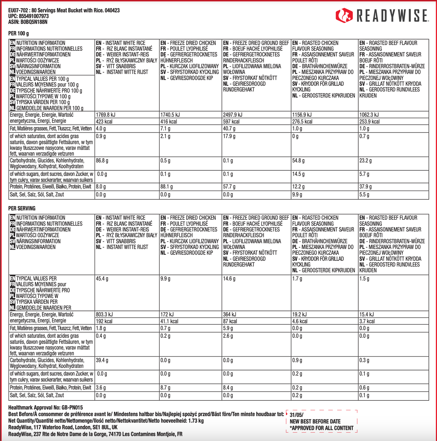 Secchio da 80 porzioni di carne e riso, liofilizzato, fino a 15 anni
