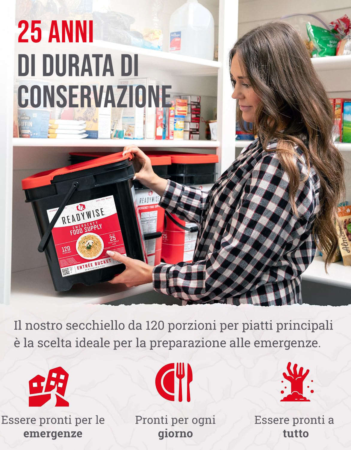 120 porzioni di antipasti, pasti vegetariani liofilizzati, fino a 25 anni