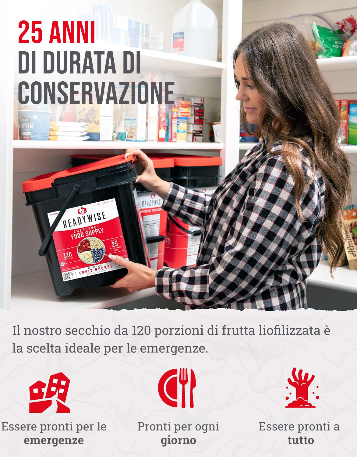ReadyWise – Secchio alimentare liofilizzato 120 porzioni di frutta, conservazione fino a 25 anni