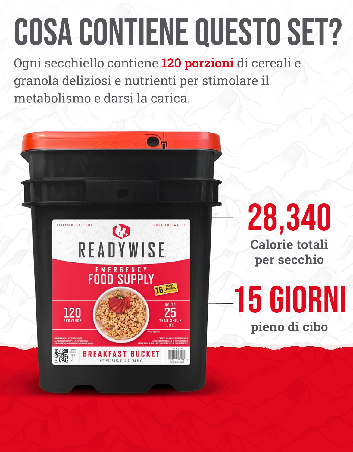 120 porzioni di colazione, pasti vegetariani liofilizzati, fino a 25 anni