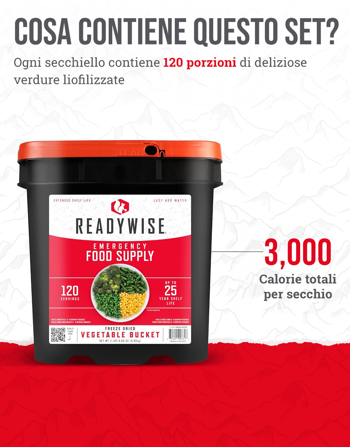 Secchio da 120 porzioni di verdure liofilizzate, fino a 25 anni