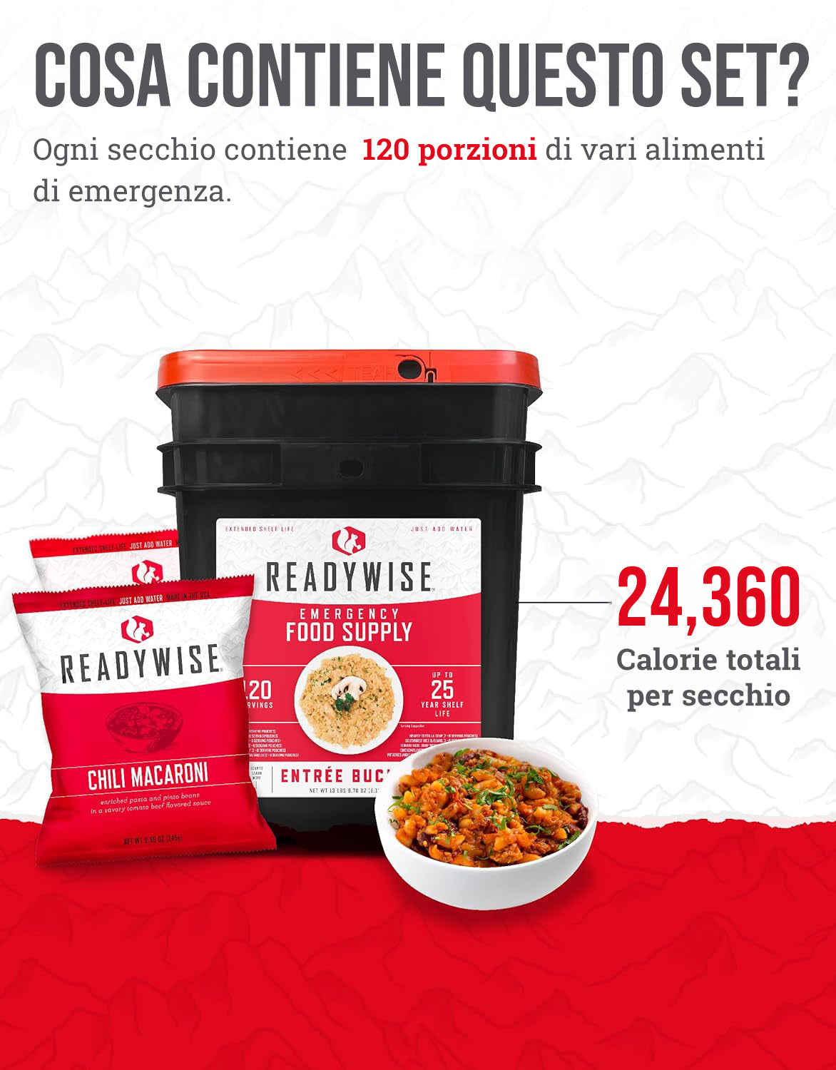 120 porzioni di antipasti, pasti vegetariani liofilizzati, fino a 25 anni