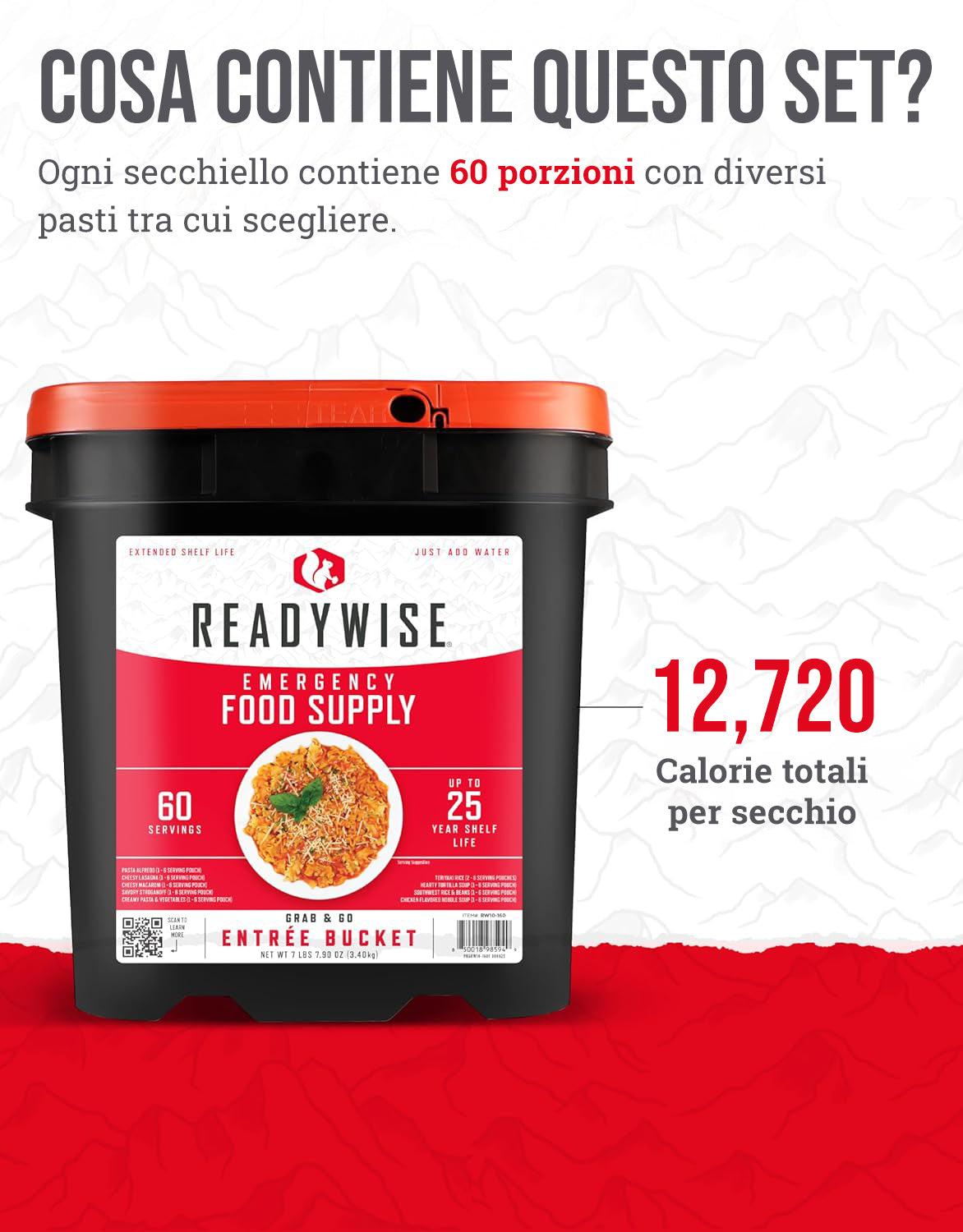 60 porzioni di antipasti, pasti vegetariani liofilizzati, fino a 25 anni