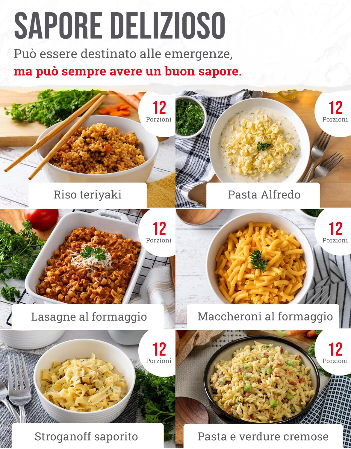 120 porzioni di antipasti, pasti vegetariani liofilizzati, fino a 25 anni