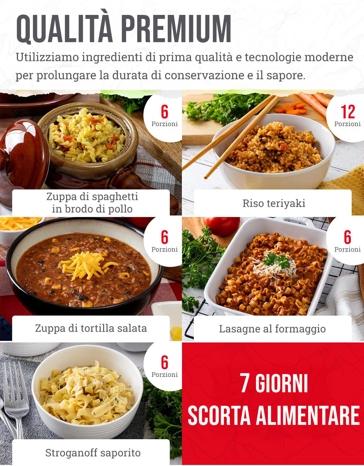 60 porzioni di antipasti, pasti vegetariani liofilizzati, fino a 25 anni