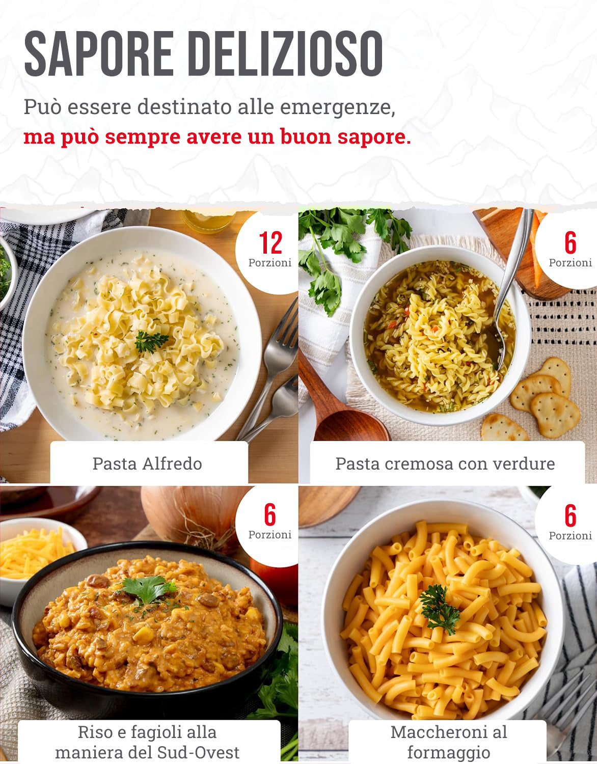 60 porzioni di antipasti, pasti vegetariani liofilizzati, fino a 25 anni