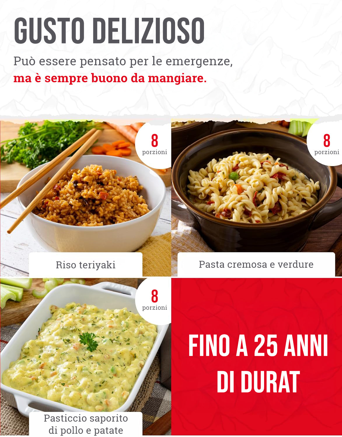 ReadyWise – Kit alimentare liofilizzato 60 porzioni in sacca impermeabile, conservazione fino a 25 anni