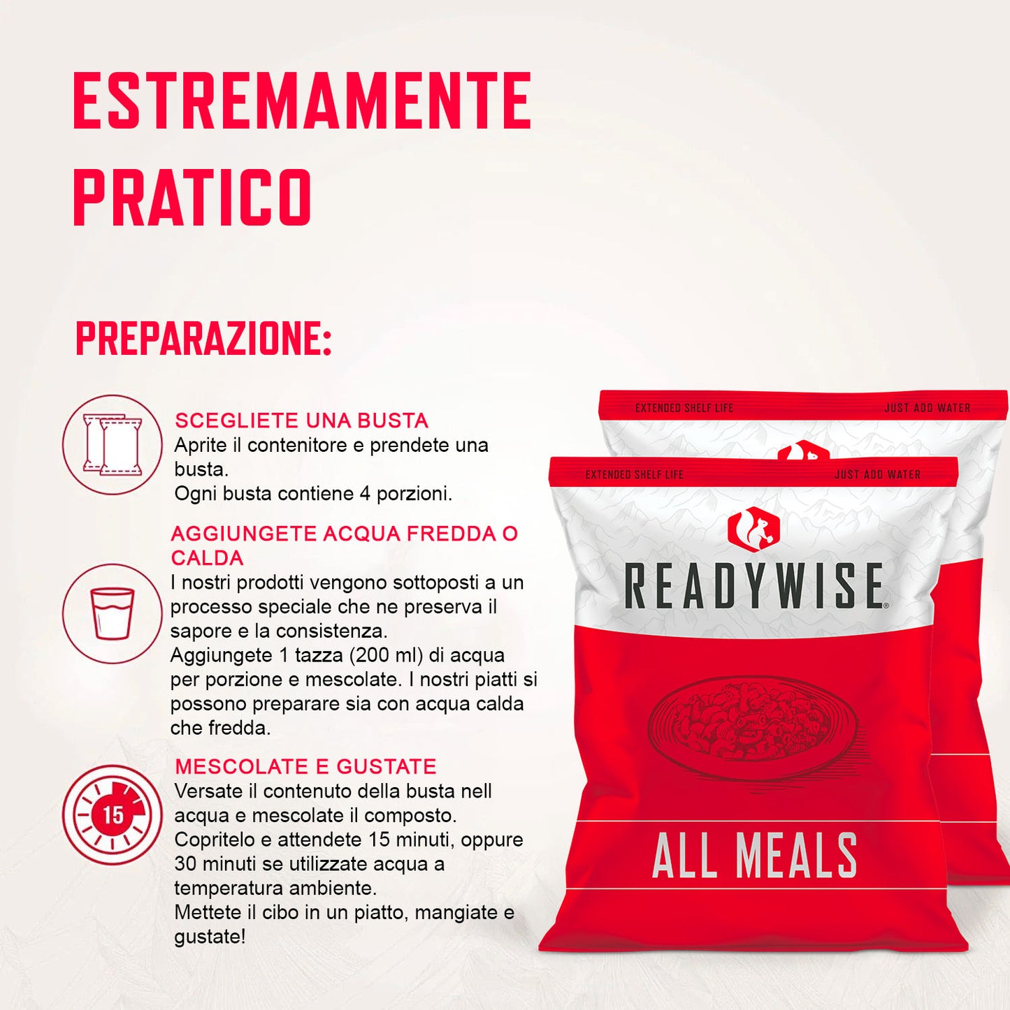 ReadyWise – Secchio alimentare liofilizzato 80 porzioni carne e riso, conservazione fino a 15 anni
