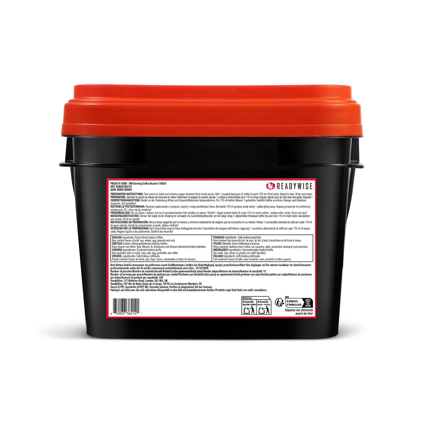 ReadyWise, 360 porzioni, secchiello per caffè, durata di conservazione fino a 15 anni