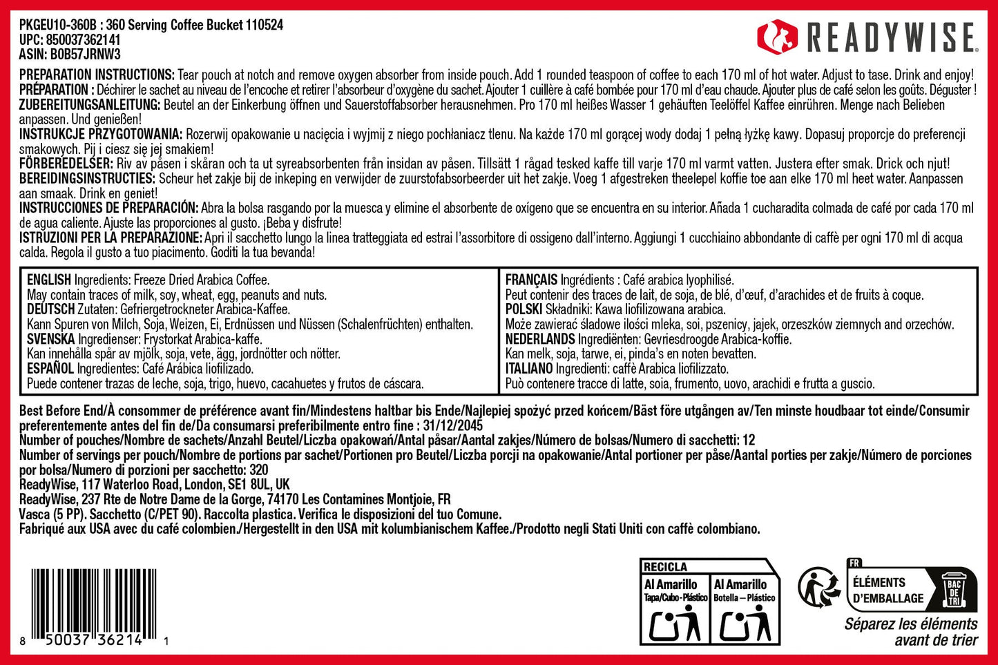 ReadyWise, 360 porzioni, secchiello per caffè, durata di conservazione fino a 15 anni