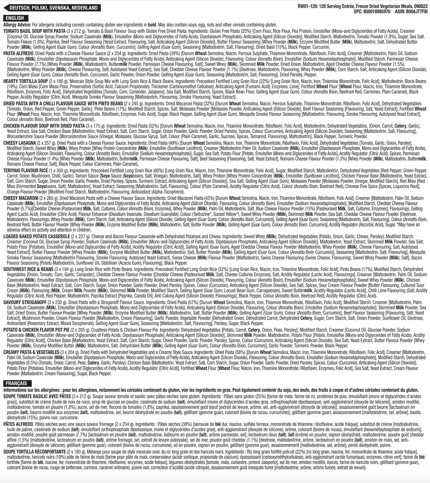 120 porzioni di antipasti, pasti vegetariani liofilizzati, fino a 25 anni