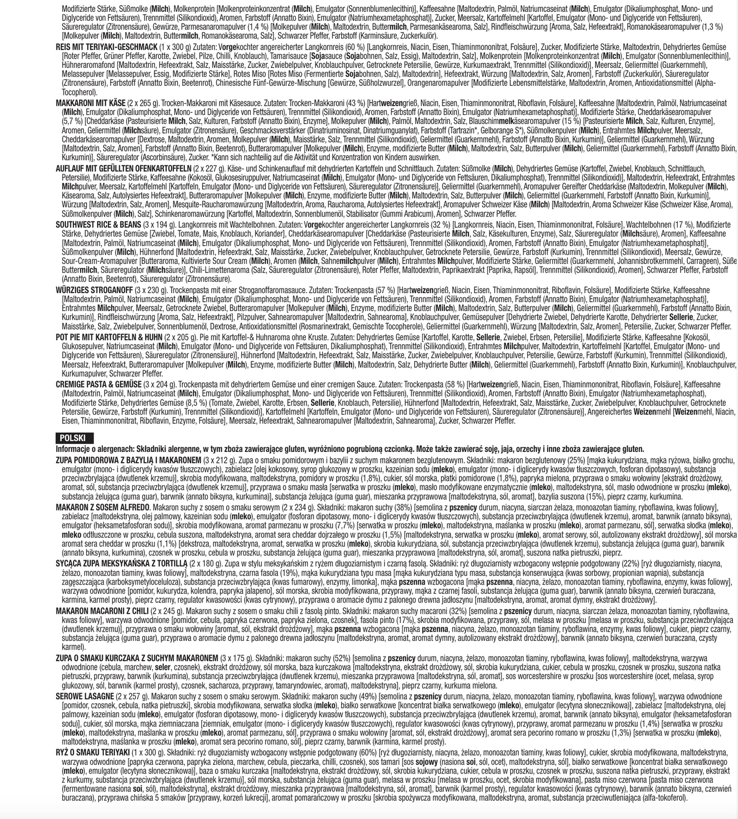 120 porzioni di antipasti, pasti vegetariani liofilizzati, fino a 25 anni