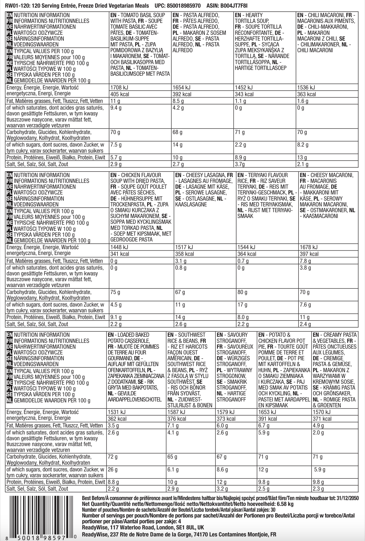 120 porzioni di antipasti, pasti vegetariani liofilizzati, fino a 25 anni