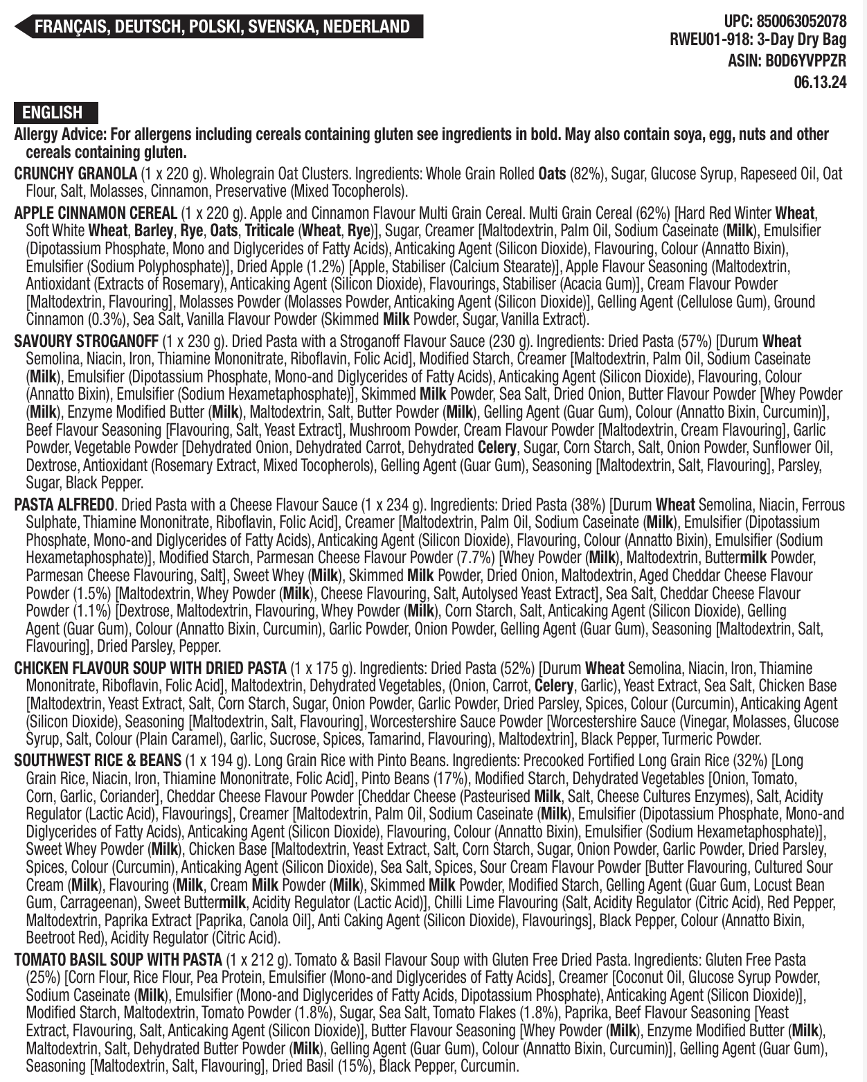 28 porzioni di colazione e antipasti liofilizzati, DryBag, fino a 25 anni