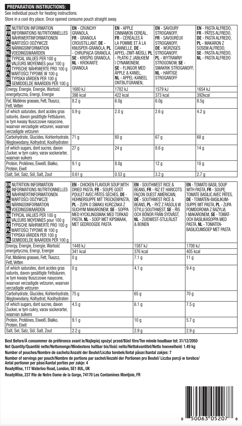 28 porzioni di colazione e antipasti liofilizzati, DryBag, fino a 25 anni