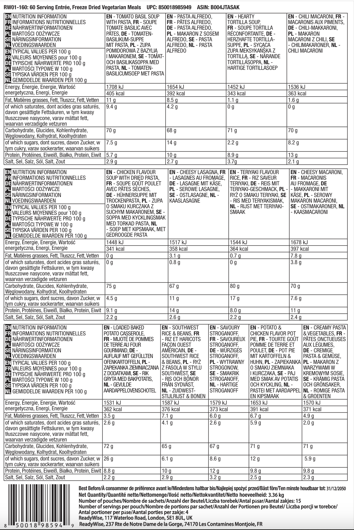 60 porzioni di antipasti, pasti vegetariani liofilizzati, fino a 25 anni