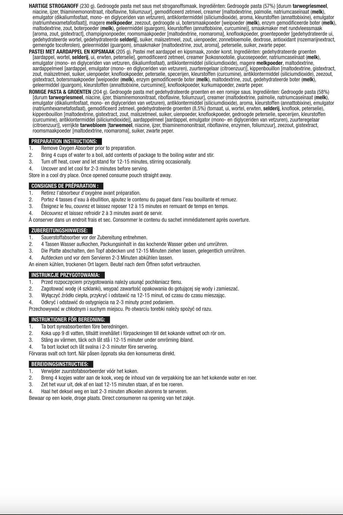 60 porzioni di antipasti, pasti vegetariani liofilizzati, fino a 25 anni