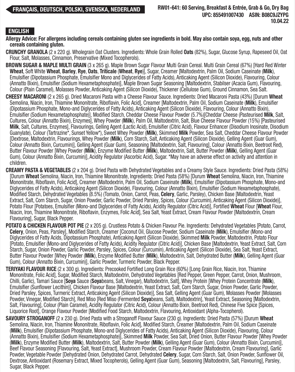 60 porzioni di colazione e antipasti liofilizzati, DryBag, fino a 25 anni