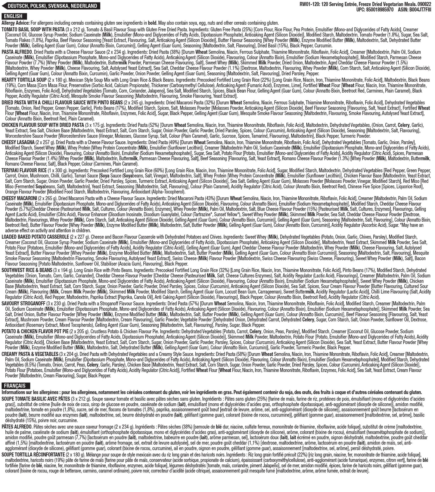 4320 porzioni di scorte alimentari di emergenza a lungo termine