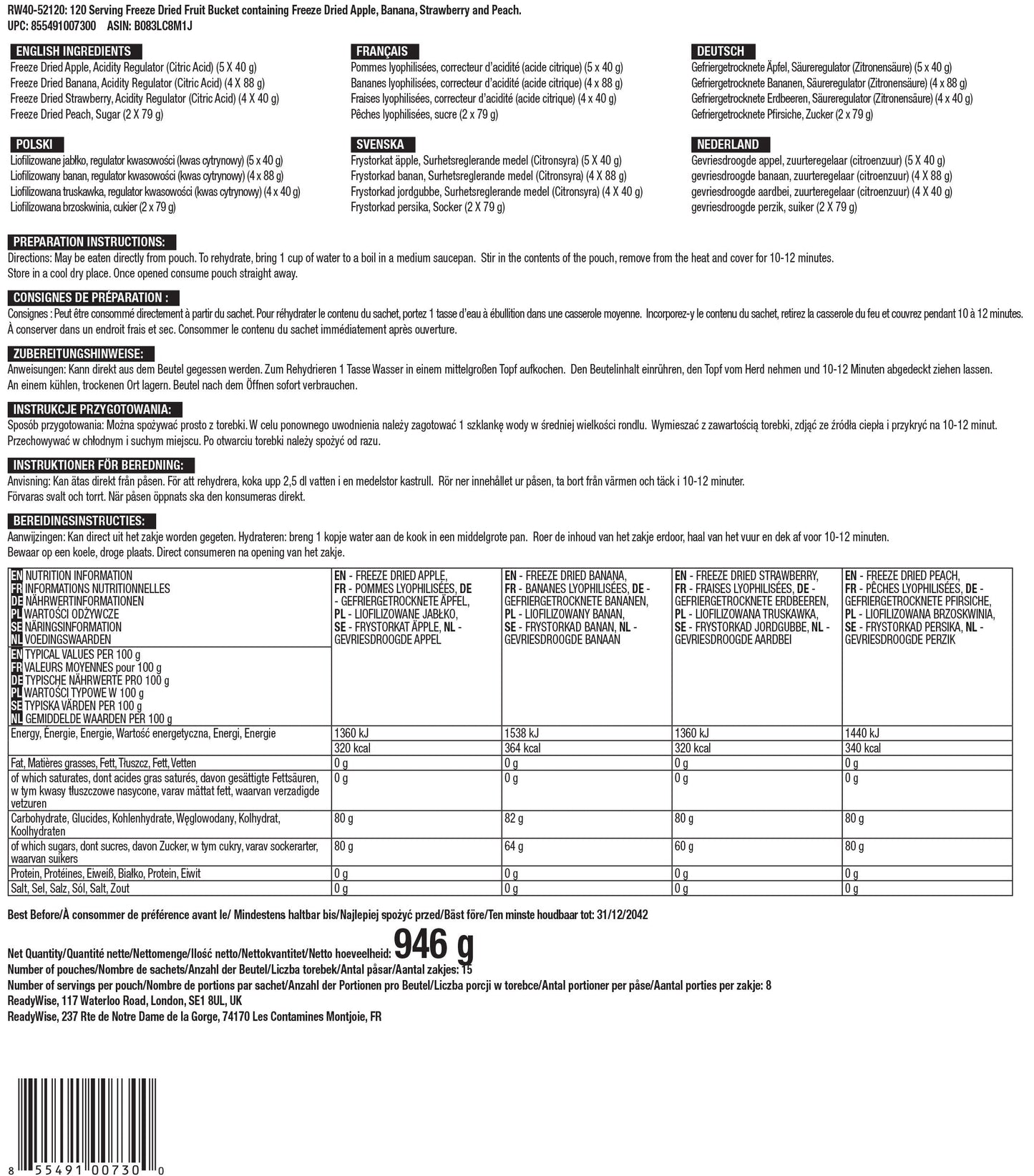 Secchio di frutta liofilizzata da 120 porzioni, fino a 20 anni