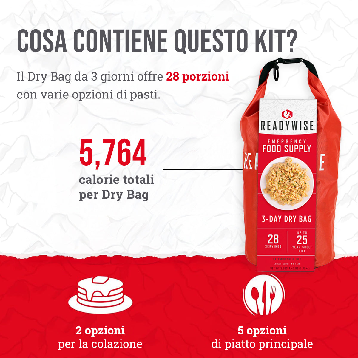 28 porzioni di colazione e antipasti liofilizzati, DryBag, fino a 25 anni